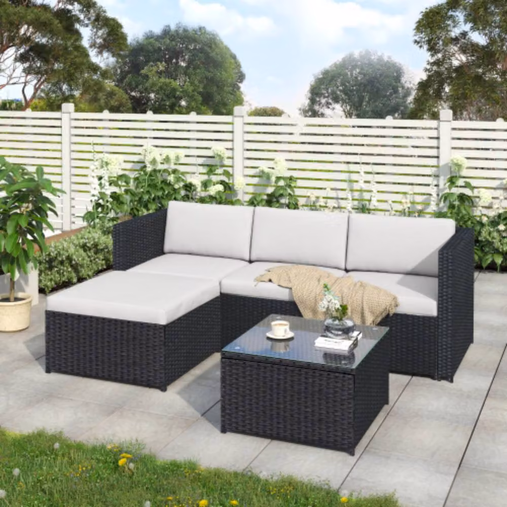 Tokpiedi Modern L-Shape Outdoor Rattan Wicker Patio Sofa, Ottoman and Coffee Table Set in Black with Upholstered Fabric Cushions – 2