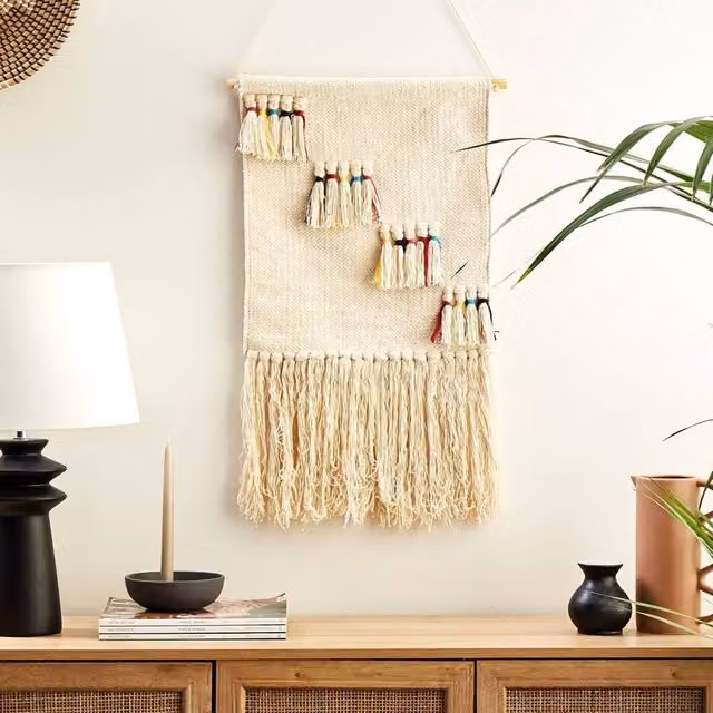 Wyld and Coco Handwoven Boho Textile Wall Hanging in Beige and Multicolour, W: 46 cm, H: 108 cm
