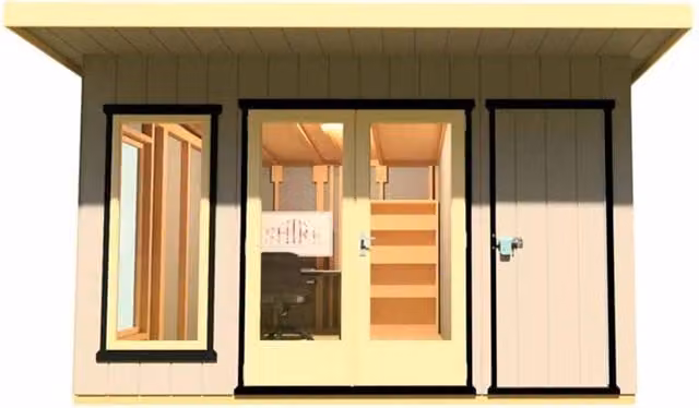Shires Cali Pent and Storage Garden Office in Light Brown, W: 402 cm, D: 456 cm, H: 246.1 cm