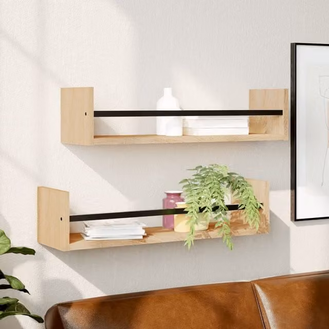 Berkfield Home Wall Shelves with Bars, 2 Piece Set, Sonoma Oak, Brown, W: 60 cm, D: 16 cm, H: 14 cm – 1