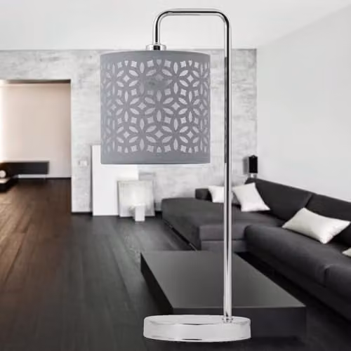 First Choice Lighting Chrome Arched Table Lamp with Grey Laser Cut Shade in Silver – 3
