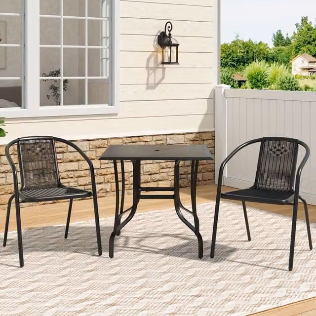 Livingandhome Metal Bistro Set with Square Table and Two Polyrattan Chairs in Dark Grey and Black