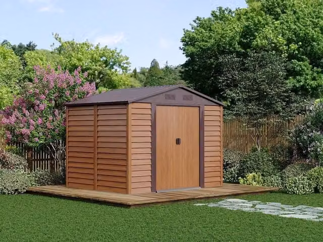 ARSEGO Walnut Wood Effect Galvanised Steel Garden Shed with Sliding Gable Doors and Side Vent, 6.62 m2