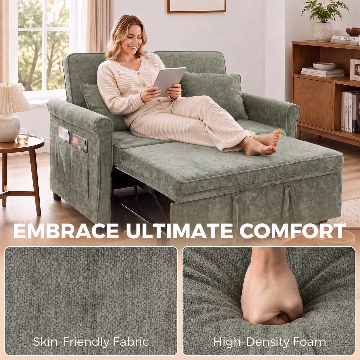 HOMCOM 2 Seater Convertible Chenille Sofa Bed with 5-Position Adjustable Backrest and Pull Out Sleeper Function, Green – 4
