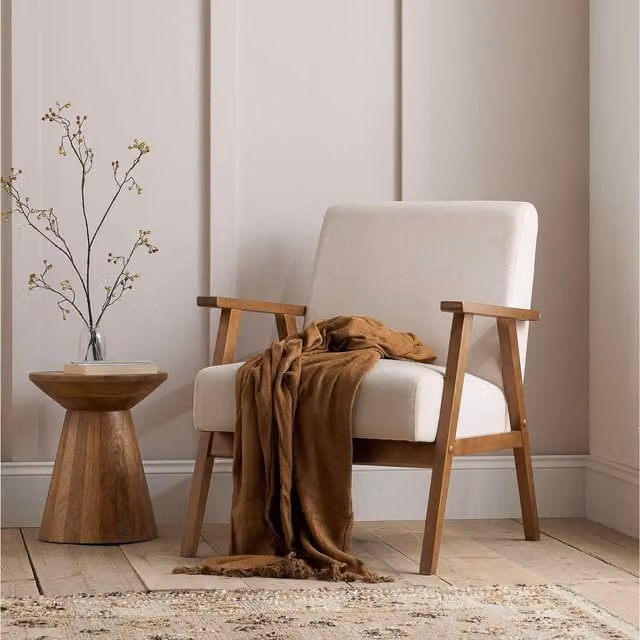Birlea Ellwood Boucle Linen Accent Armchair with Solid Wood Frame in Beige
