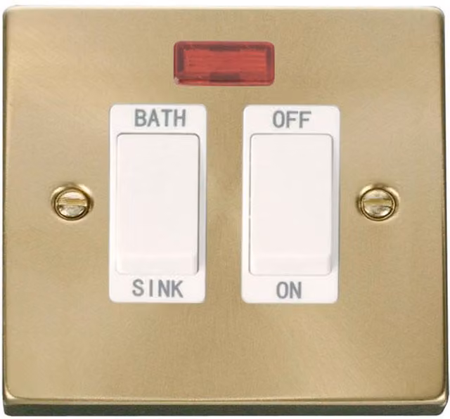 SE HOME 20A DP Sinkbath Switch with Satin Brushed Brass Plate and White Surface