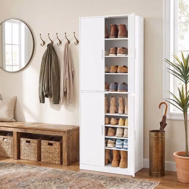 VASAGLE White 5 Tier Shoe Cabinet with 4 Hinged Doors and Adjustable Shelves, W: 60 cm, D: 36 cm, H: 175.1 cm