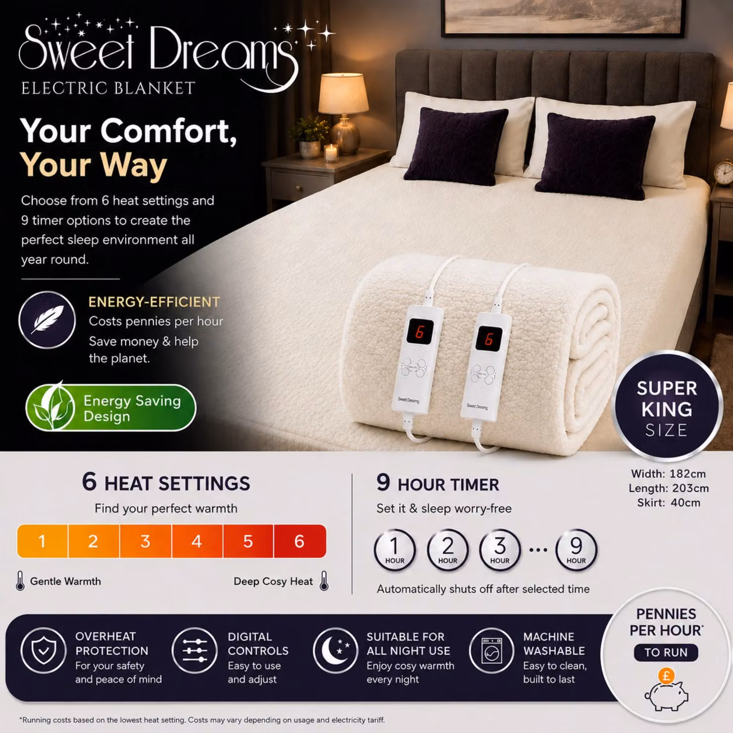 Sweet Dreams Super King Size Fleece Heated Fitted Electric Blanket in White, 180 x 200 cm – 5
