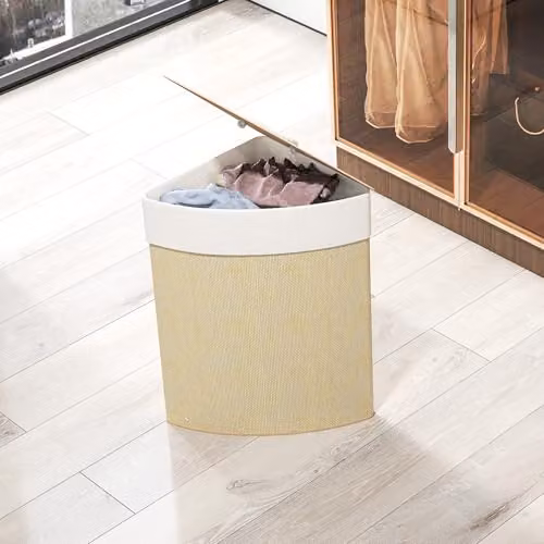 HOMCOM Bamboo Laundry Basket with Lid and Removable Fabric Liner Bag, 55L, Brown and Beige – 4
