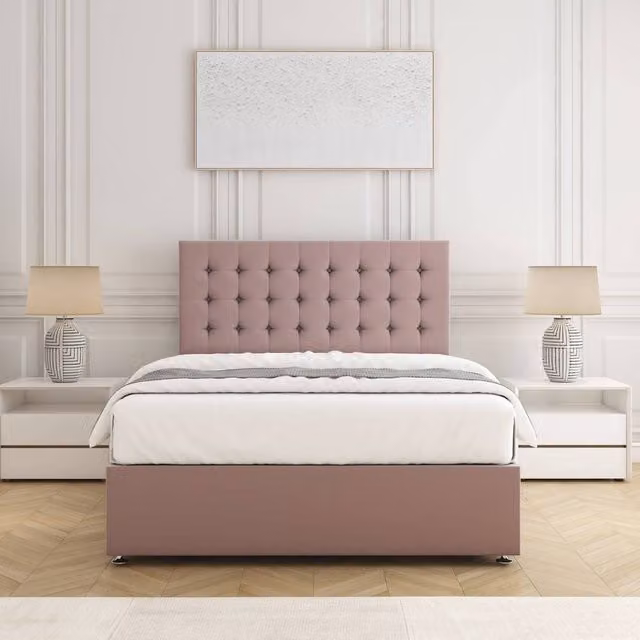 BSSPOKE Isla Divan Bed Set with 24 inch Headboard and Mattress in Pink Plush Velvet, Super King, W/D/H: 200 x 200 cm