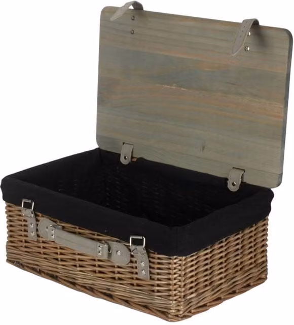 Red Hamper Antique Wash Willow Picnic Basket with Pinewood Lid and Black Lining, Large