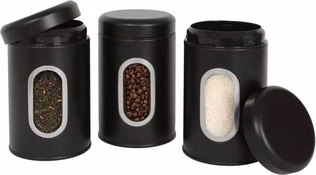 Havendro 3 Pack Black Stainless Steel Airtight Tea, Coffee and Sugar Canisters with Window