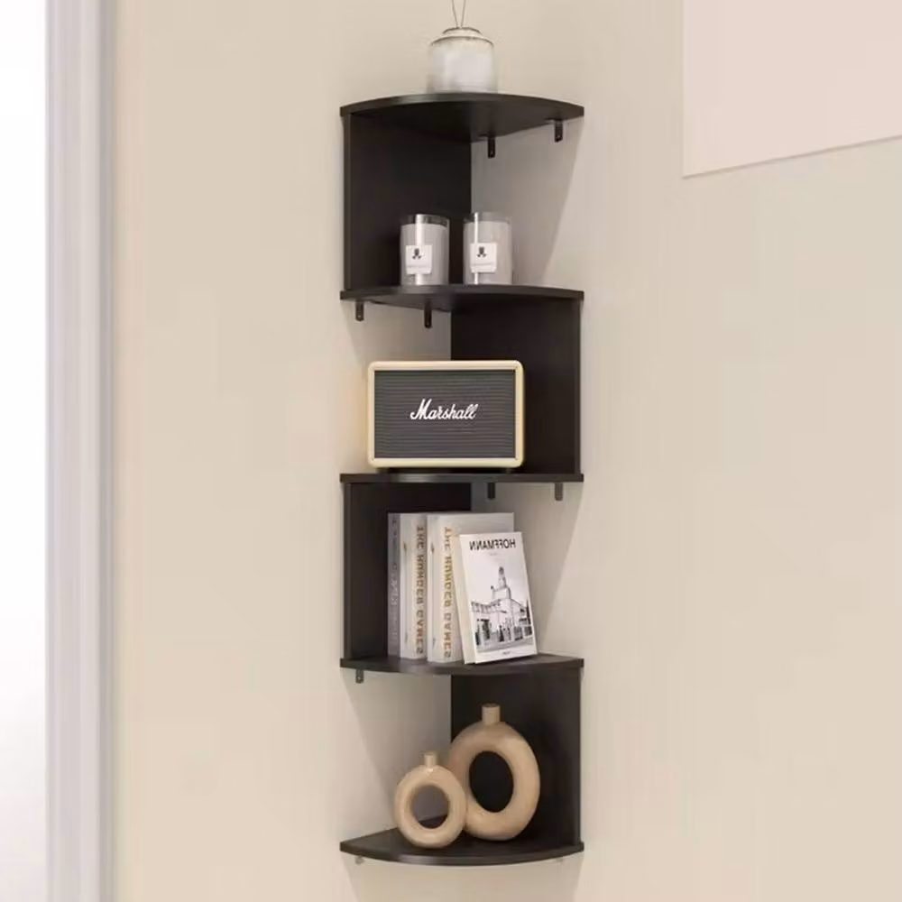 FORGEVIO 5 Tier Black Wooden Floating Corner Shelves for Wall Mounted Storage and Display – 3