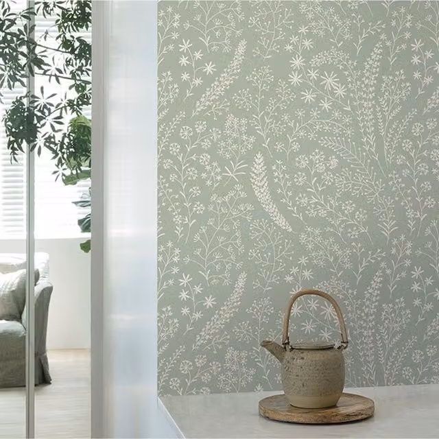 Grandeco Astrid Embroidery Stitch Foliage Trail Botanical Floral Wallpaper in Sage Green