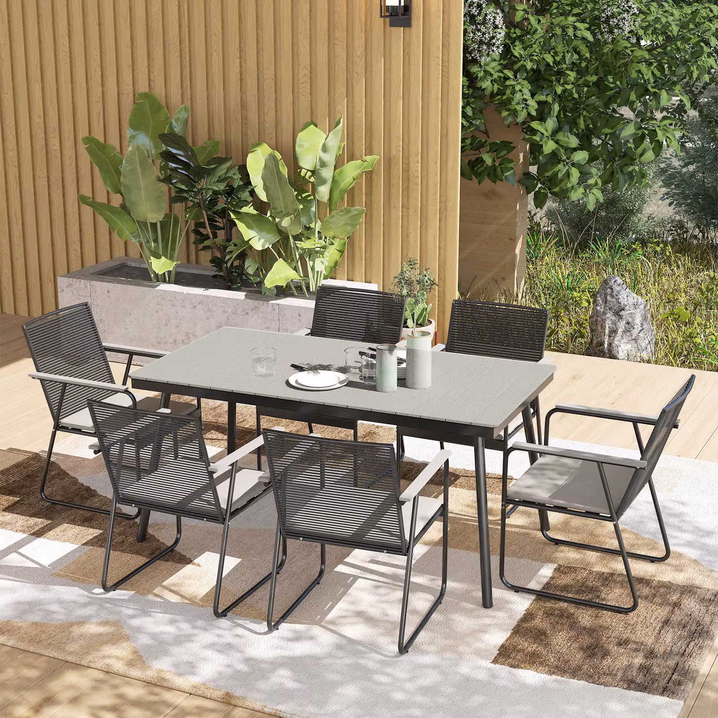 Outsunny 6 Seater Grey Rattan Garden Dining Set with Rectangular Composite Table and Soft Cushions – 2
