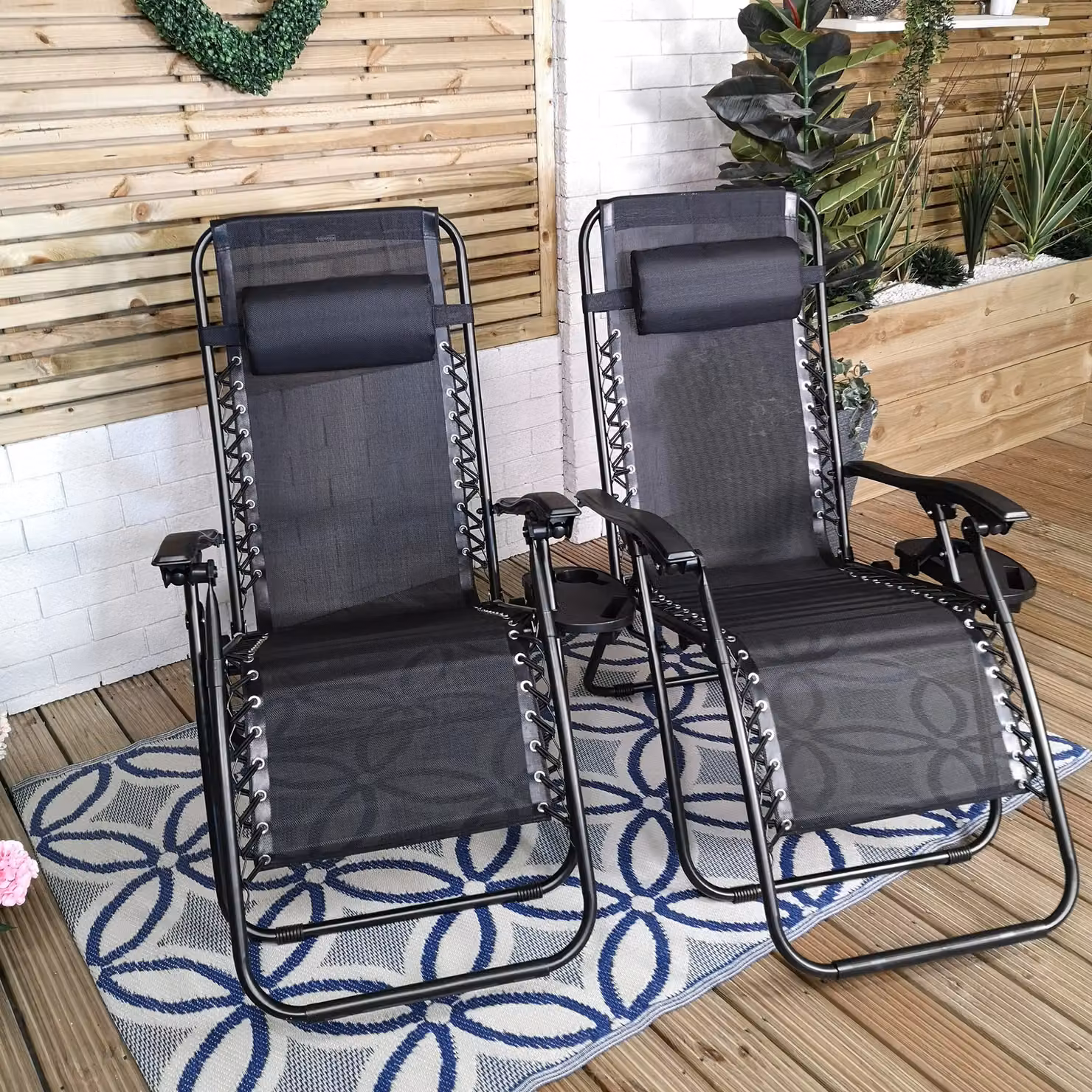 Samuel Alexander Set of 2 Black Textilene Zero Gravity Garden Relaxer Loungers with Adjustable Headrest and Side Tray – 3