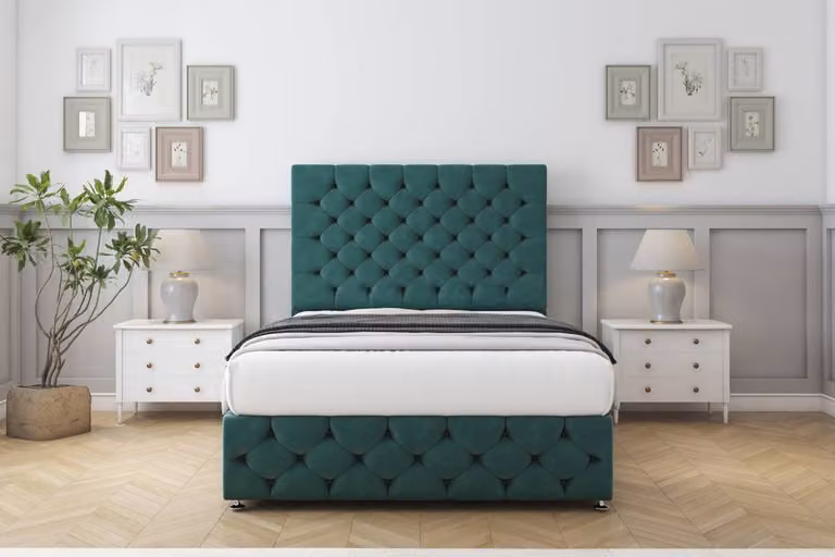 Sloomy Watson Plush Divan Set in Emerald Green with 26 inch Headboard and 12 inch Footboard, Double Size, W/D/H: 140 x 200 cm