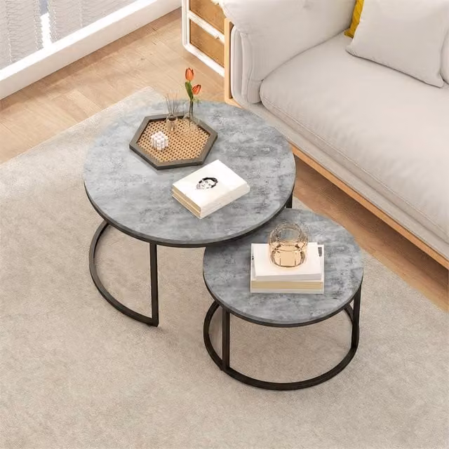 EONLION 2 Piece Stacking Coffee Table Set in Cement Grey with Round Concrete Tops and Metal Sled Base