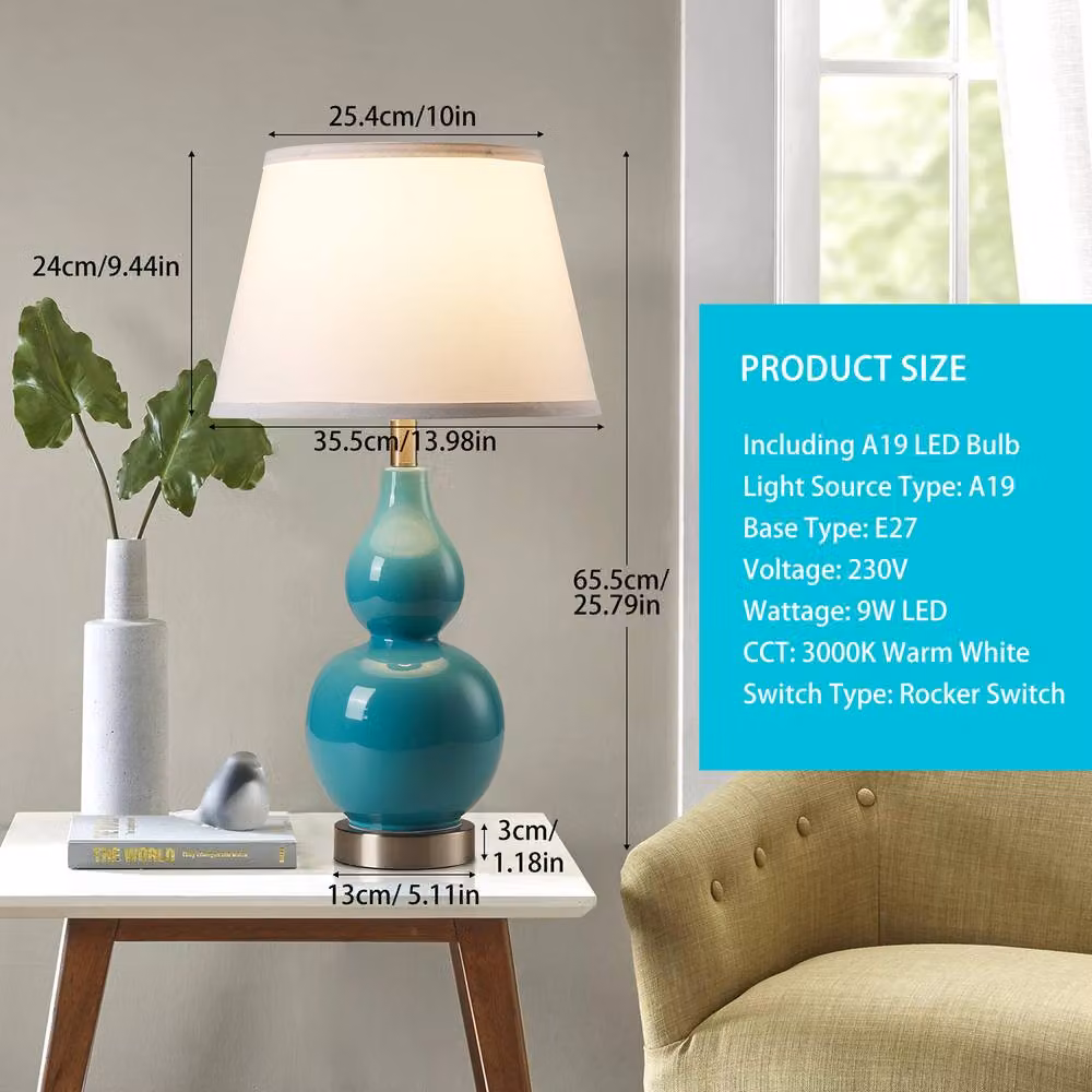 NIVOR Set of 2 Teal Ceramic Table Lamps with USB Ports and Bulbs Included, Height: 62.4 cm – 2