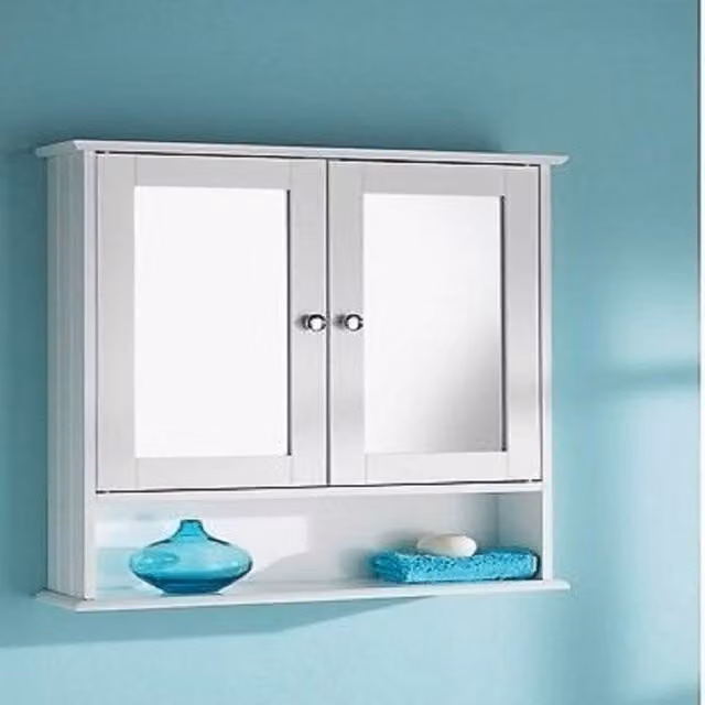 SAXONY Modern White Wooden Bathroom Cabinet with Double Mirror Doors and Open Shelf, W/D/H: 58 x 13 x 56 cm