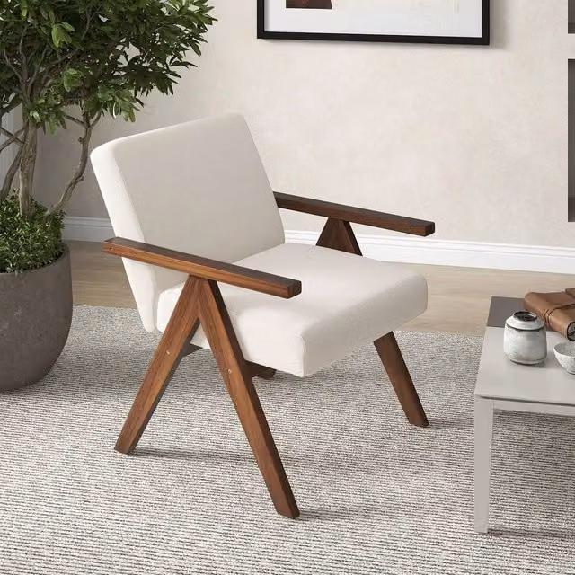 NESTLUNE Mid-century Modern Accent Chair in Beige Fabric with Acacia Wood Frame