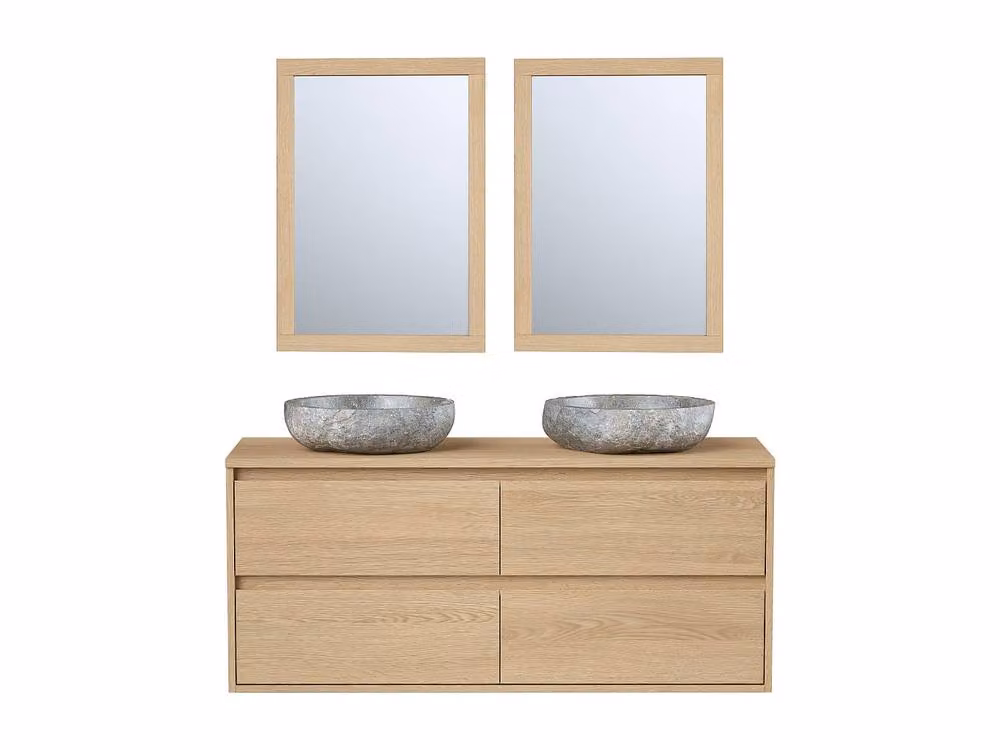 Vente-unique Scandinavian Bathroom Unit with Double Stone Washbasin and Mirror in Light Oak, W/D/H: 120 x 45 x 50 cm – 2