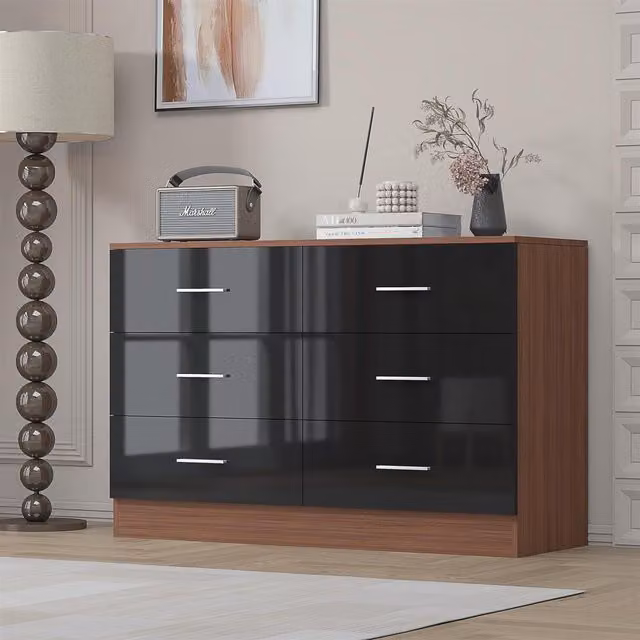 REFLECT Wide 6 Drawer Chest in Black High Gloss and Matt Walnut Finish