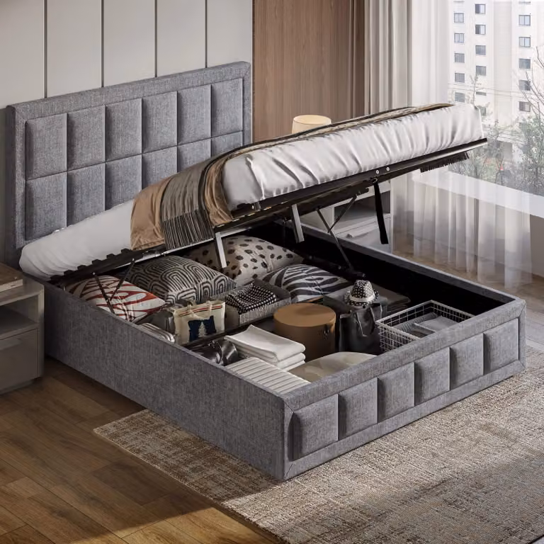 DHS Grey Linen Upholstered End Lift Ottoman Storage Bed Frame, Super King, W/D/H: 200 x 200 cm