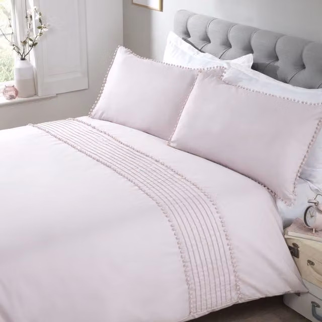 Rapport Home Pom Poms Polycotton Duvet Cover and Pillowcase Set in Pink, White and Grey, W: 180 cm, H: 200 cm