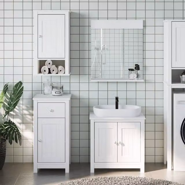 Berkfield Home 3 Piece White Lacquered Solid Pine Bathroom Furniture Set with Vanity Unit and Mirror Cabinet