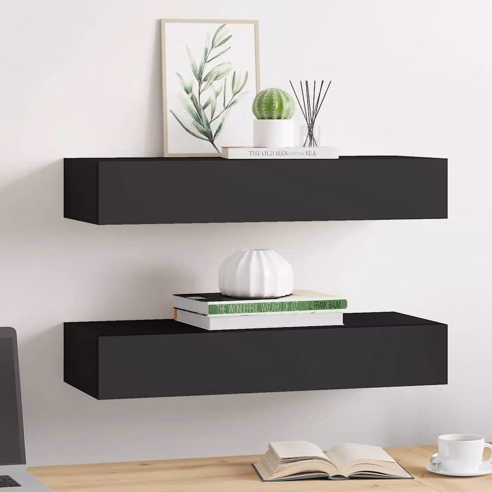 Berkfield Home Wall-mounted Drawer Shelves, 2 Piece Set in Black MDF and Metal, W: 60 cm, D: 23.5 cm, H: 10 cm – 3