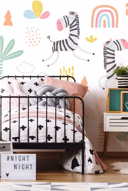 Origin Murals Dancing Zebras Animal Print Wall Mural in White, W: 300 cm, H: 240 cm – 1