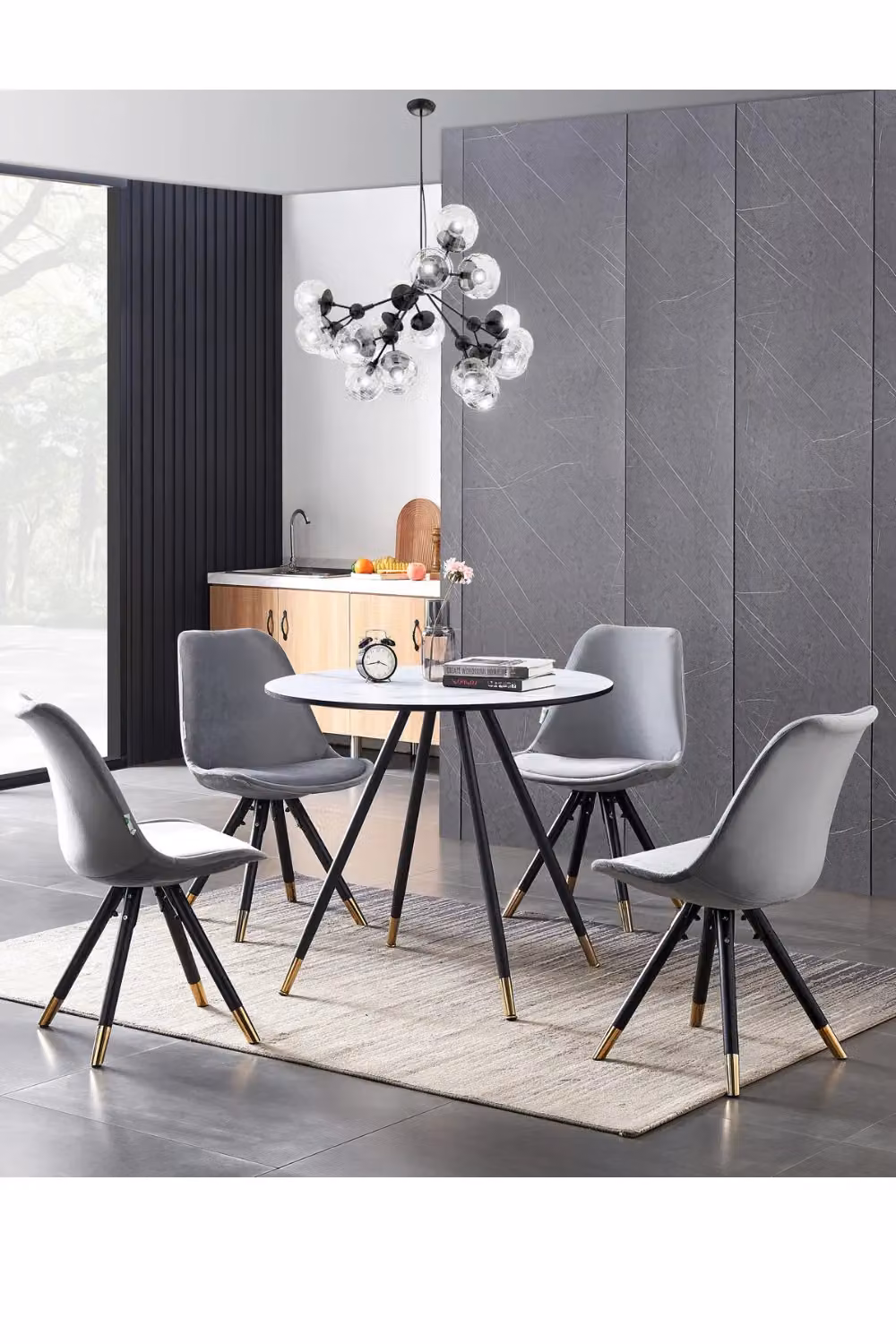 Life Interiors Sofia Ergonomic Modern Dining Chairs, Set of 6, Dark Grey Velvet with Gold End Cap Metal Legs – 5