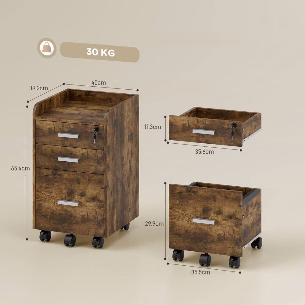 KORVIXA Rustic Brown 3 Drawer Mobile Filing Cabinet with Lock and Castors, Height: 100 cm – 2