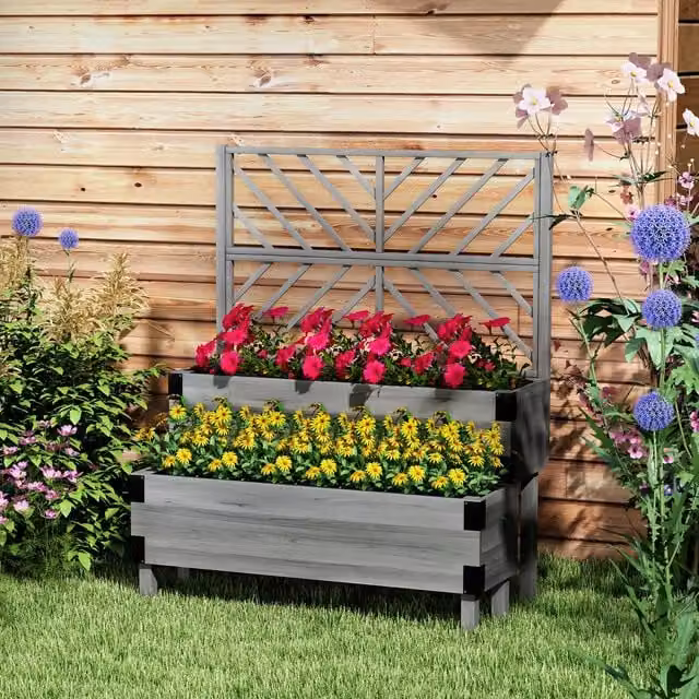 Outsunny Raised Garden Bed with Trellis and Rustic Wood Planter Box in Brown