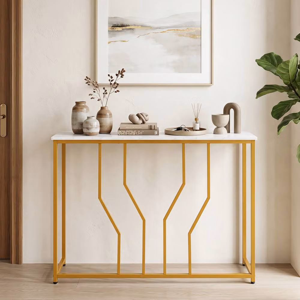 Costway Modern Gold and White Faux Marble Console Table – 2