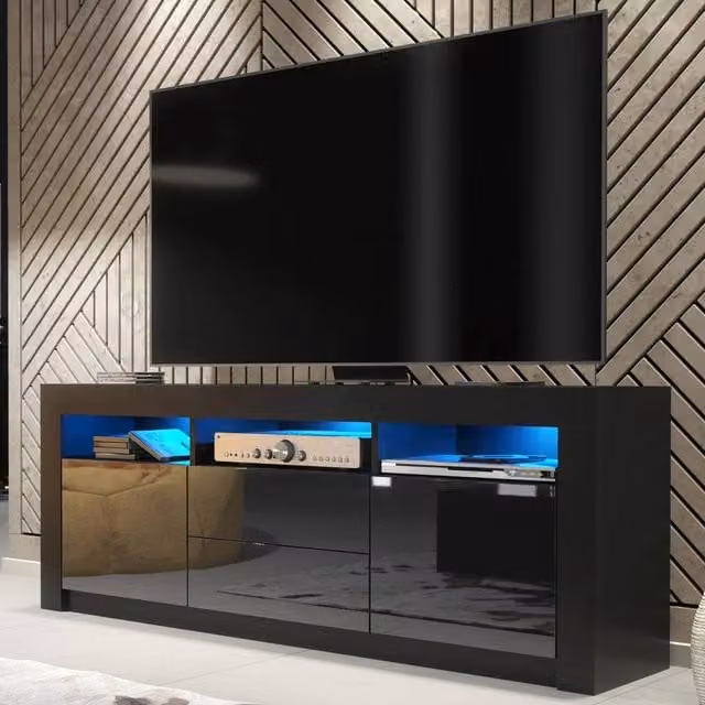 Mex Furniture LTD Shine TV Unit in Black with Glossy Doors and LED Lights, W: 160 cm, H: 60 cm, D: 35 cm