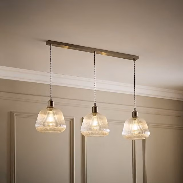 ValueLights Delora Ribbed Bell Glass 3 Drop Diner Ceiling Pendant Light in Brushed Chrome, Height: 89 cm