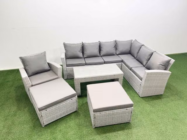Fimous 9 Seater L-Shape Rattan Garden Furniture Set in Light Grey with Coffee Table, Ottomans and Upholstered Cushions