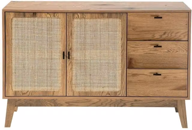 CALICOSY ALIA 2-Door 3-Drawer Sideboard with Rattan Fronts in Light Brown, Width: 120 cm – 1