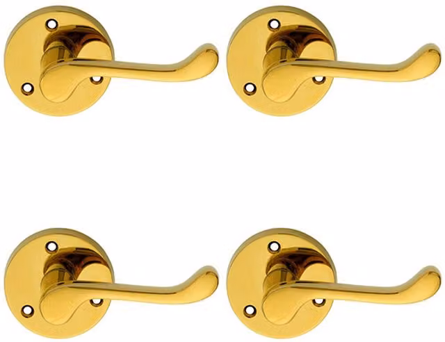 Loops 4 Pairs of Victorian Scroll Lever Door Handles with 58mm Round Rose in Polished Brass