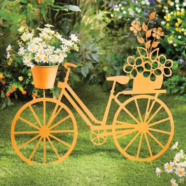 Coopers of Stortford Rusty Metal Bicycle Garden Planter Decoration in Orange and Brown
