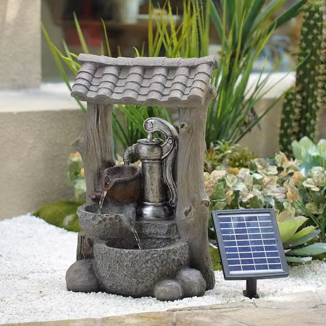 Livingandhome Solar Powered LED Waterfall Fountain with Rustic Stone Effect Decor in Grey