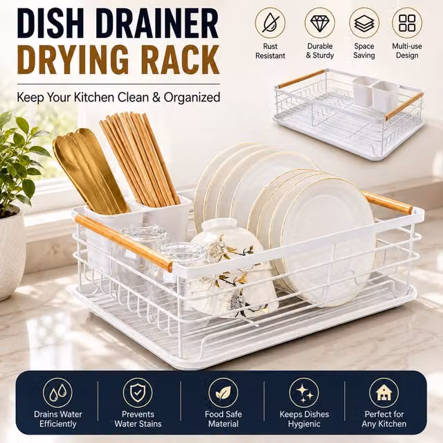 simplehuman White Rectangular Metal Dish Rack with Drip Tray and Coated Steel Finish