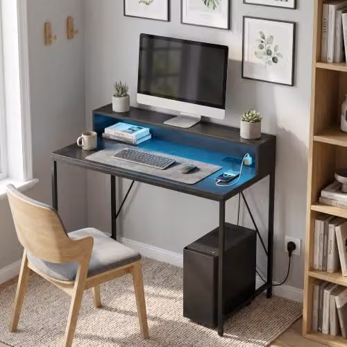HOMCOM Black Wood-Effect Computer Desk with LED Lights and Power Outlets, W: 100 cm, D: 50 cm, H: 76 cm – 5