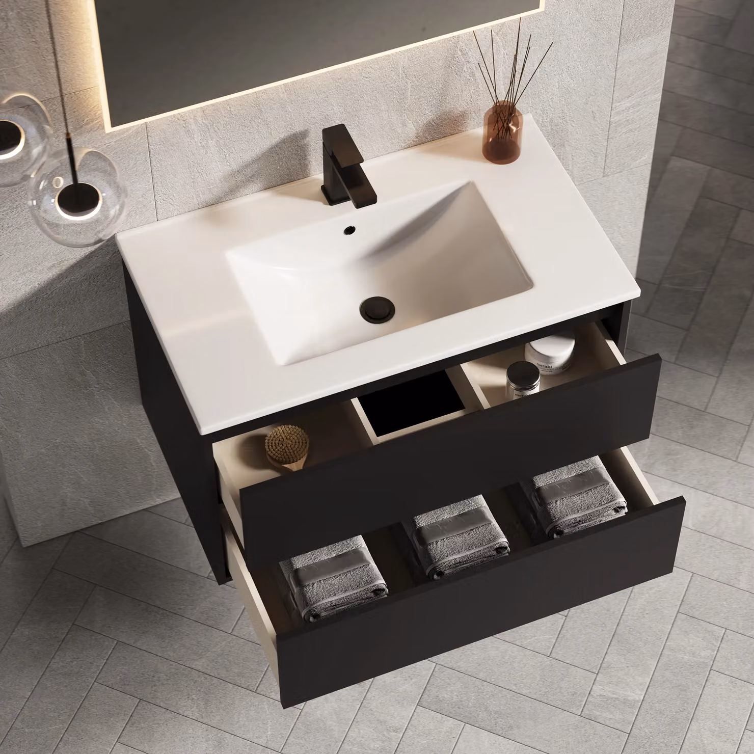 Banyetti Venti 800mm Wall Hung Vanity Unit with Lira Basin, Matt Black (W: 80 cm, D: 45 cm, H: 48 cm) – 3