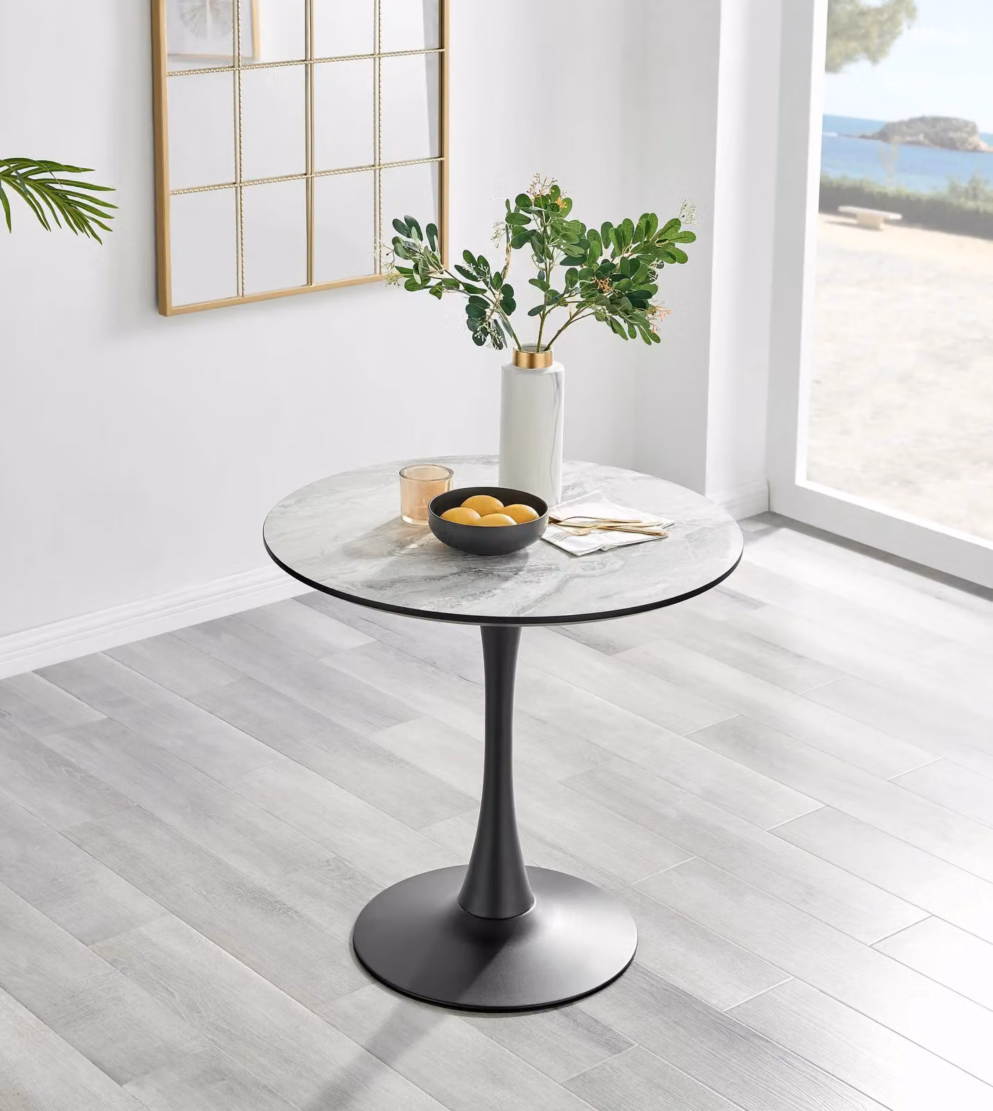 FurnitureboxUK Elina White Marble Effect Round Dining Table and 2 Belgravia Black Velvet Chairs – 2