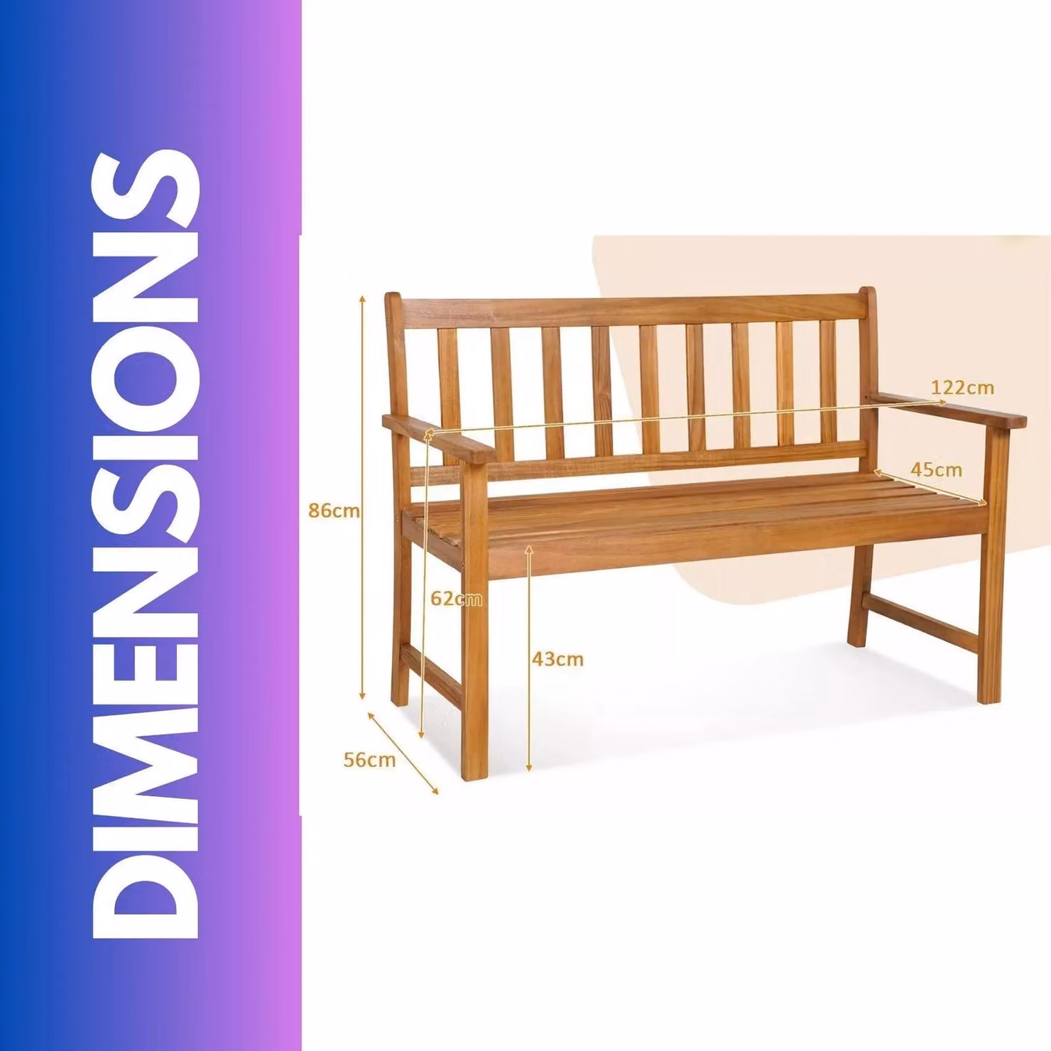 FURNOS Acacia Wood 2 Seater Outdoor Bench with Armrests in Natural Brown and Beige – 3