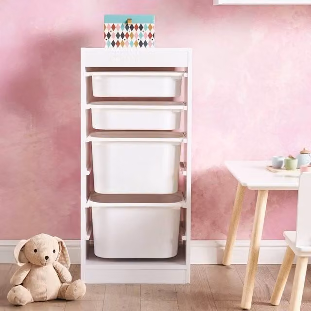Wyld and Coco Kids Freestanding Shelf with 4 Plastic Boxes in White – 1