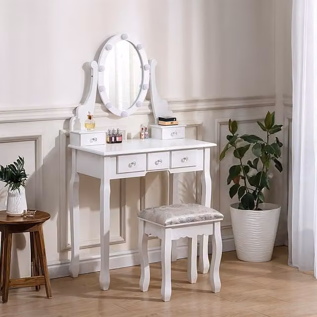 Lifeideas Modern White Lacquered Wooden Dressing Table with Hollywood LED Mirror and Stool W/D/H: 141.5 x 75 x 3 cm